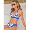 CUPSHE Women’s Two Piece V Neck Halter Bikini Sets Stitching Swimsuit | Back Hook,Side Cutout,Cheeky Bottom,Soft Removable Cups,Double Straps,Flattering Bathing Suit For Vacation And Beach(Royal Blue Floral)