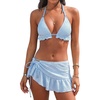 CUPSHE 3 Piece Bikini Set Triangle Halter Swimsuit with Sarong Skirt | 3 Piece Set, Removable Soft Cups, Mid Rise, Textured Fabric, Perfect For Beach Vacations, Resorts, Pool Parties(Light Blue)