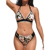 CUPSHE Women’s Two Piece V Neck Halter Bikini Sets Stitching Swimsuit | Back Hook,Side Cutout,Cheeky Bottom,Soft Removable Cups,Double Straps,Flattering Bathing Suit For Vacation And Beach(Black/Pink Floral)