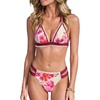 CUPSHE Women’s Two Piece V Neck Halter Bikini Sets Stitching Swimsuit | Back Hook,Side Cutout,Cheeky Bottom,Soft Removable Cups,Double Straps,Flattering Bathing Suit For Vacation And Beach(Beige/Red Floral)