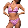 CUPSHE Women’s Two Piece V Neck Halter Bikini Sets Stitching Swimsuit | Back Hook,Side Cutout,Cheeky Bottom,Soft Removable Cups,Double Straps,Flattering Bathing Suit For Vacation And Beach(White/Pink Floral)