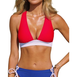 CUPSHE Women’s Bikini Top V Neck Triangle Top Wide Straps Cross Back Lace up(Red/White)