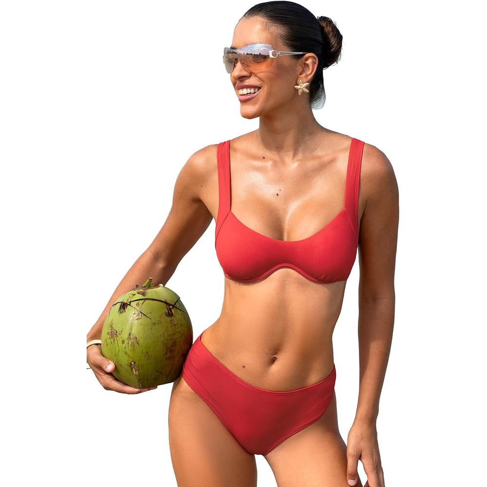 image:imageCUPSHE Womens Bikini Set Square Neck Underwire Two Piece Swimsuit Halter Ribbed Self Tie Bathing SuitRuby Red