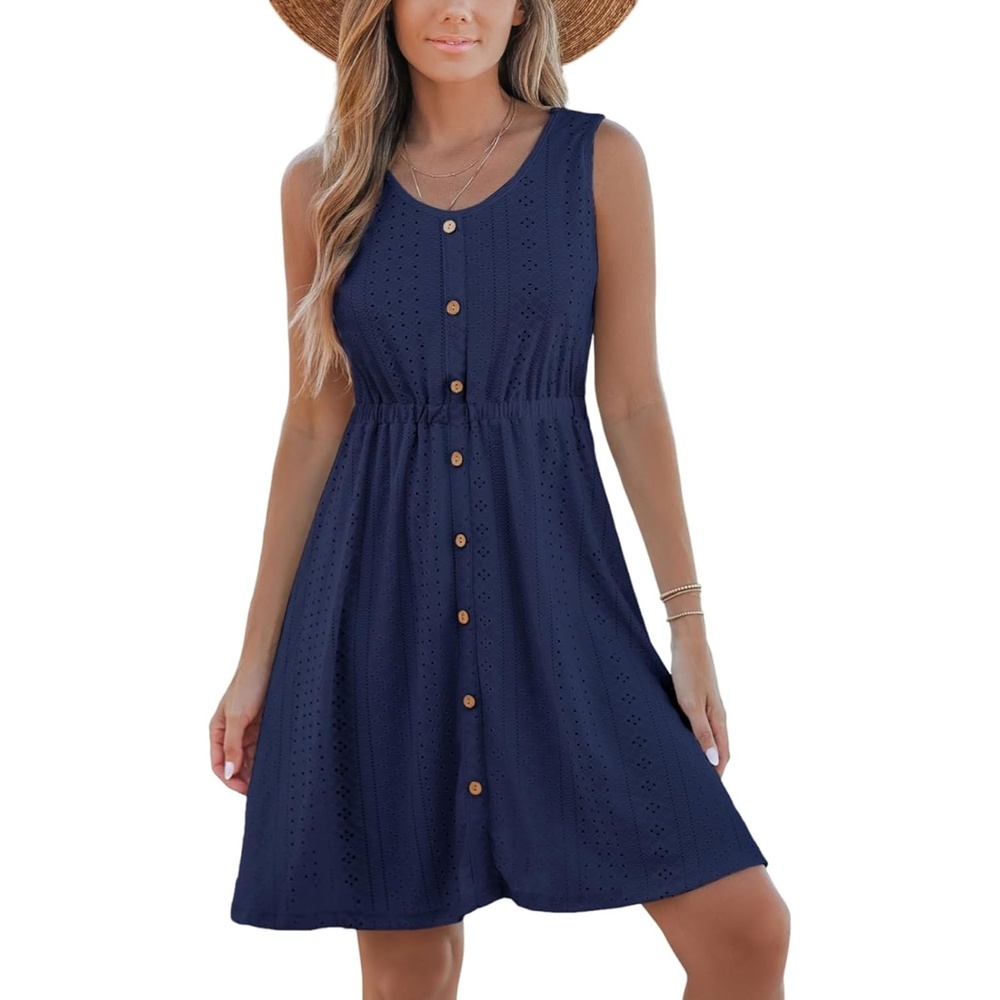 image:imageCUPSHE Womens Hollow Out Mini Dress Cover Up Ribbed Knit Scoop Neck Sleeveless Beach Spring Summer DressesNavy Blue