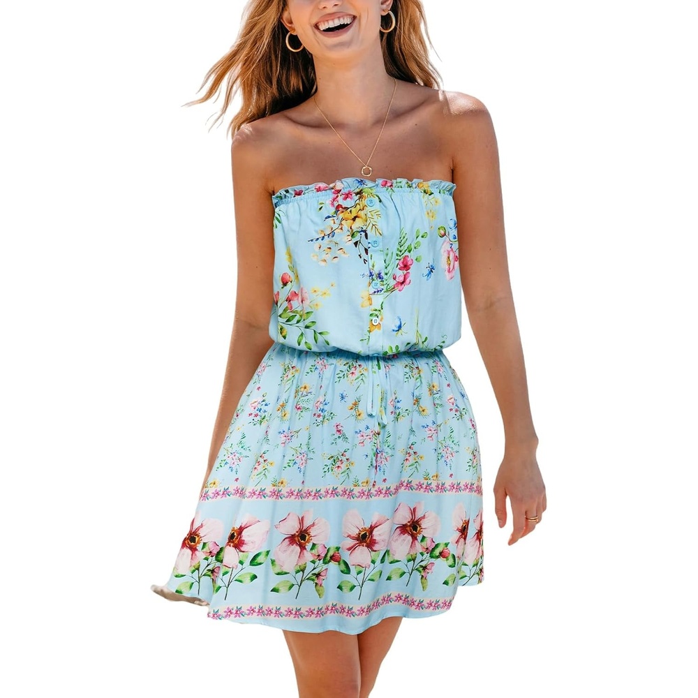 image:imageCUPSHE Womens Strapless Floral Mini Dress Summer Ruffle Tube Top ALine Sundress Casual Flowy Beach Vacation Outfits 2026Mint Floral