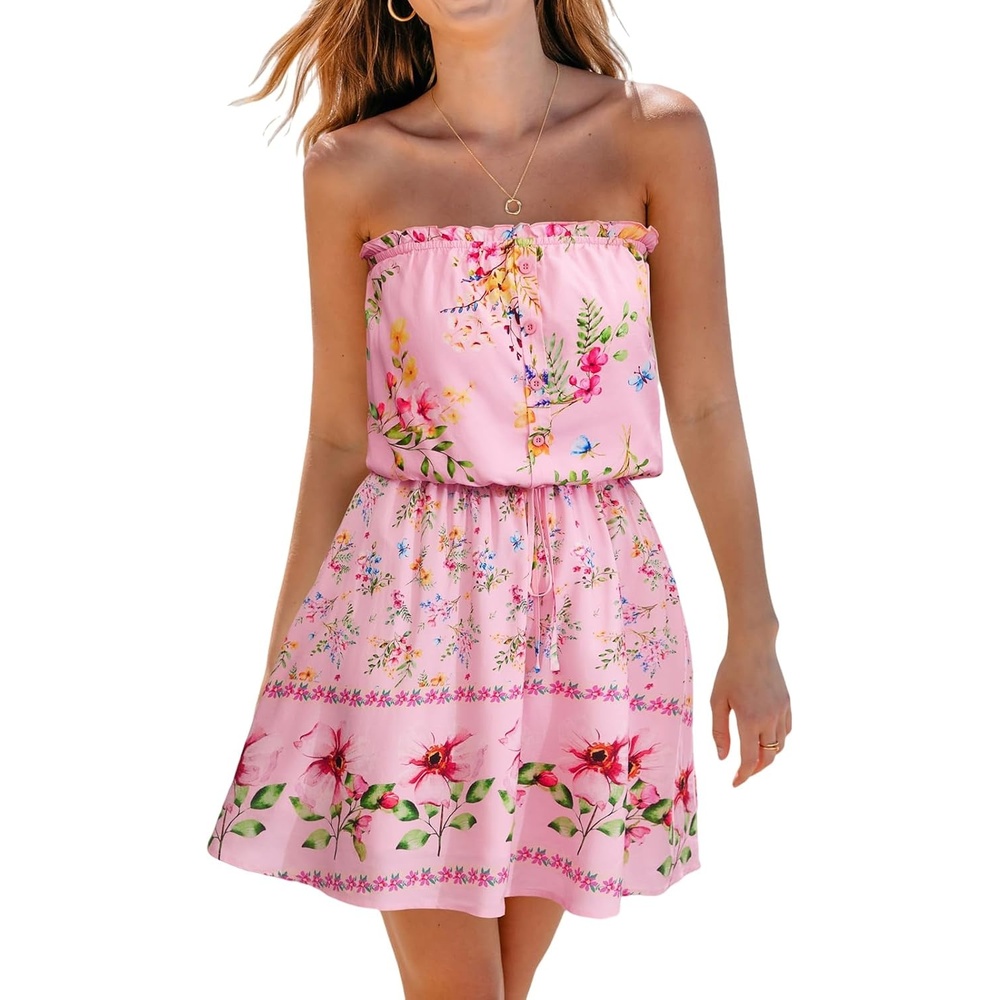 image:imageCUPSHE Womens Strapless Floral Mini Dress Summer Ruffle Tube Top ALine Sundress Casual Flowy Beach Vacation Outfits 2026Pink Floral