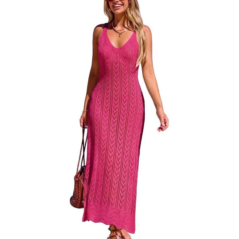 image:imageCUPSHE Womens Swimsuit Cover Up Sleeveless Crochet Beach Coverup Dress Split Maxi Summer Bathing Suit Cover UpsRose Red