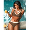 CUPSHE Bikini Sets for Women Sporty Two Piece Swimsuit Color Block | Layered V Neck, Soft Stretch, Removable Soft Cups, Adjustable Straps, Mid Rise, Moderate Coverage, Beach Vacation(Brown/Beige)