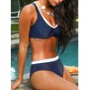 CUPSHE Bikini Sets for Women Sporty Two Piece Swimsuit Color Block | Layered V Neck, Soft Stretch, Removable Soft Cups, Adjustable Straps, Mid Rise, Moderate Coverage, Beach Vacation(Navy Blue/White)