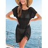 CUPSHE Women Crochet Beach Cover Up Summer Short Sleeve Coverup Dress Drawstring Casual Swim Cover ups for Swimwear(Black)