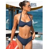 CUPSHE Women’s Bikini Set Square Neck Underwire Two Piece Swimsuit Halter Ribbed Self Tie Bathing Suit(Navy Blue)