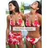 CUPSHE Women’s Bikini Sets Halter Three Piece Swimsuit Mesh Sarong Skirt | V Neck Triangle Top, Back Hook, Mid Rise Bottoms, High Cut Cheeky, Adjustable Drawstring, Removable Soft Cups, Full Coverage(Cherry Red/Floral)