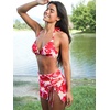 CUPSHE Women’s Bikini Sets Halter Three Piece Swimsuit Mesh Sarong Skirt | V Neck Triangle Top, Back Hook, Mid Rise Bottoms, High Cut Cheeky, Adjustable Drawstring, Removable Soft Cups, Full Coverage(Cherry Red/Floral)