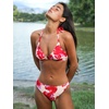 CUPSHE Women’s Bikini Sets Halter Three Piece Swimsuit Mesh Sarong Skirt | V Neck Triangle Top, Back Hook, Mid Rise Bottoms, High Cut Cheeky, Adjustable Drawstring, Removable Soft Cups, Full Coverage(Cherry Red/Floral)