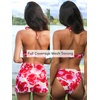 CUPSHE Women’s Bikini Sets Halter Three Piece Swimsuit Mesh Sarong Skirt | V Neck Triangle Top, Back Hook, Mid Rise Bottoms, High Cut Cheeky, Adjustable Drawstring, Removable Soft Cups, Full Coverage(Cherry Red/Floral)