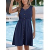 CUPSHE Women’s Hollow Out Mini Dress Cover Up Ribbed Knit Scoop Neck Sleeveless Beach Spring Summer Dresses(Navy Blue)