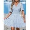 CUPSHE Women’s Mini Dress Striped V Neck Short Sleeve Ruffled Smocked Waist Short A Line Beach Dresses(Blue Striped)