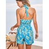 CUPSHE Women’s Summer Boho Romper Halter Floral Print Sleeveless Smocked Waist Wide Leg Vacation Short Jumpsuit with Pockets(Blue Tropical)