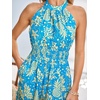 CUPSHE Women’s Summer Boho Romper Halter Floral Print Sleeveless Smocked Waist Wide Leg Vacation Short Jumpsuit with Pockets(Blue Tropical)