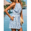 CUPSHE Women’s Summer Boho Romper Halter Floral Print Sleeveless Smocked Waist Wide Leg Vacation Short Jumpsuit with Pockets(Boho Blue)