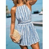 CUPSHE Women’s Summer Boho Romper Halter Floral Print Sleeveless Smocked Waist Wide Leg Vacation Short Jumpsuit with Pockets(Boho Blue)