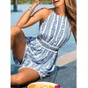 CUPSHE Women’s Summer Boho Romper Halter Floral Print Sleeveless Smocked Waist Wide Leg Vacation Short Jumpsuit with Pockets(Boho Blue)