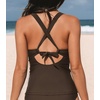 CUPSHE Women’s Tankini Top Deep V Neck Crossback Swimwear Top Only | Crisscross Self Tie, Removable Soft Cups, Adjustable Dual Straps, Cutout, Ruched Bathing Suit, For Beach(Brown)