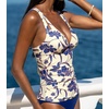 CUPSHE Women’s Tankini Top Deep V Neck Crossback Swimwear Top Only | Crisscross Self Tie, Removable Soft Cups, Adjustable Dual Straps, Cutout, Ruched Bathing Suit, For Beach(Cream/Deep Purple Floral)