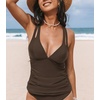 CUPSHE Women’s Tankini Top Deep V Neck Crossback Swimwear Top Only | Crisscross Self Tie, Removable Soft Cups, Adjustable Dual Straps, Cutout, Ruched Bathing Suit, For Beach(Brown)