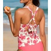CUPSHE Women’s Tankini Top Deep V Neck Crossback Swimwear Top Only | Crisscross Self Tie, Removable Soft Cups, Adjustable Dual Straps, Cutout, Ruched Bathing Suit, For Beach(Hot Pink/Floral)