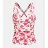 CUPSHE Women’s Tankini Top Deep V Neck Crossback Swimwear Top Only | Crisscross Self Tie, Removable Soft Cups, Adjustable Dual Straps, Cutout, Ruched Bathing Suit, For Beach(Hot Pink/Floral)