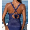 CUPSHE Women’s Tankini Top Deep V Neck Crossback Swimwear Top Only | Crisscross Self Tie, Removable Soft Cups, Adjustable Dual Straps, Cutout, Ruched Bathing Suit, For Beach(Navy Blue/Polka Dot)