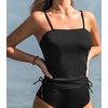 CUPSHE Women’s Tankini Top Swimsuit Drawstring Ribbed Swim Top | Removable Soft Cups, Adjustable Strap, Tummy Control Ruched Waist, Easy To Mix And Match, Bathing Suit For Beach Vacation(Black)