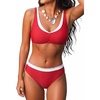 CUPSHE Bikini Sets for Women Sporty Two Piece Swimsuit Color Block | Layered V Neck, Soft Stretch, Removable Soft Cups, Adjustable Straps, Mid Rise, Moderate Coverage, Beach Vacation(Cherry/White)