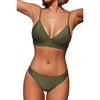 CUPSHE Women’s Bikini Sets V Neck Bathing Suit Ribbed Low Rise | Triangle Bikini Top, Plunging V Neck, Removable Soft Cups, Adjustable Spaghetti Straps, Wide Underband, Textured Fabric(Army Green)