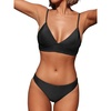 CUPSHE Women’s Bikini Sets V Neck Bathing Suit Ribbed Low Rise | Triangle Bikini Top, Plunging V Neck, Removable Soft Cups, Adjustable Spaghetti Straps, Wide Underband, Textured Fabric(Black)