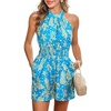CUPSHE Women’s Summer Boho Romper Halter Floral Print Sleeveless Smocked Waist Wide Leg Vacation Short Jumpsuit with Pockets(Blue Tropical)
