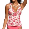 CUPSHE Women’s Tankini Top Deep V Neck Crossback Swimwear Top Only | Crisscross Self Tie, Removable Soft Cups, Adjustable Dual Straps, Cutout, Ruched Bathing Suit, For Beach(Hot Pink/Floral)