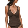 CUPSHE Women’s Tankini Top Deep V Neck Crossback Swimwear Top Only | Crisscross Self Tie, Removable Soft Cups, Adjustable Dual Straps, Cutout, Ruched Bathing Suit, For Beach(Brown)