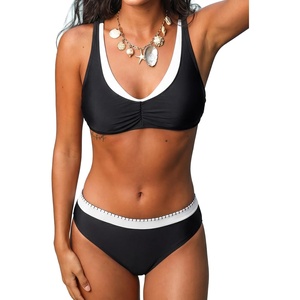 CUPSHE Bikini Sets for Women Sporty Two Piece Swimsuit Color Block | Layered V Neck, Soft Stretch, Removable Soft Cups, Adjustable Straps, Mid Rise, Moderate Coverage, Beach Vacation(Black/White)