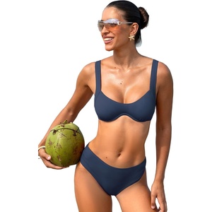 CUPSHE Women’s Bikini Set Square Neck Underwire Two Piece Swimsuit Halter Ribbed Self Tie Bathing Suit(Navy Blue)