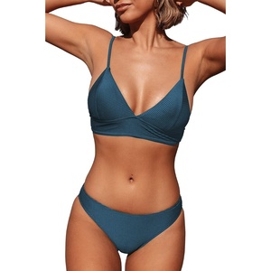 CUPSHE Women’s Bikini Sets V Neck Bathing Suit Ribbed Low Rise | Triangle Bikini Top, Plunging V Neck, Removable Soft Cups, Adjustable Spaghetti Straps, Wide Underband, Textured Fabric(Navy)