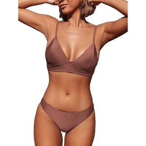 CUPSHE Women’s Bikini Sets V Neck Bathing Suit Ribbed Low Rise | Triangle Bikini Top, Plunging V Neck, Removable Soft Cups, Adjustable Spaghetti Straps, Wide Underband, Textured Fabric(Brick Red)