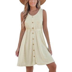 CUPSHE Women’s Hollow Out Mini Dress Cover Up Ribbed Knit Scoop Neck Sleeveless Beach Spring Summer Dresses(Beige)
