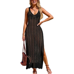 CUPSHE Women’s Swimsuit Cover Up Sleeveless Crochet Beach Coverup Dress Split Maxi Summer Bathing Suit Cover Ups(Black)