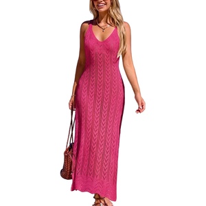 CUPSHE Women’s Swimsuit Cover Up Sleeveless Crochet Beach Coverup Dress Split Maxi Summer Bathing Suit Cover Ups(Rose Red)