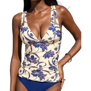 CUPSHE Women’s Tankini Top Deep V Neck Crossback Swimwear Top Only | Crisscross Self Tie, Removable Soft Cups, Adjustable Dual Straps, Cutout, Ruched Bathing Suit, For Beach(Cream/Deep Purple Floral)