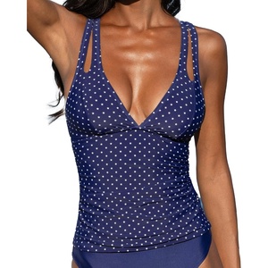 CUPSHE Women’s Tankini Top Deep V Neck Crossback Swimwear Top Only | Crisscross Self Tie, Removable Soft Cups, Adjustable Dual Straps, Cutout, Ruched Bathing Suit, For Beach(Navy Blue/Polka Dot)