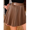 CUPSHE Women’s Faux Mini Skirts Pleated Leather High Waist A-Line Skater Skirt Fall Winter Casual(Brown)