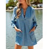 CUPSHE Women’s Swimsuit Coverup Shirt Bathing Suit Cover Up Dress | The Lightweight Beach Cover Up Shirt, Long Sleeve Bathing Suit Coverup Dress with Pockets is perfect for beach days(Blue)